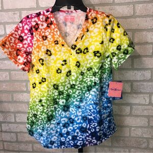 NWT Zavate Ava Therese Rainbow Leopard pattern short sleeve scrub top